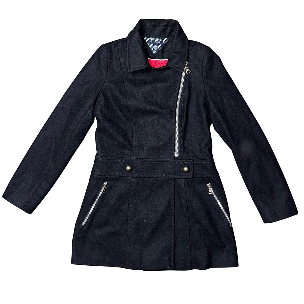 Tommy Hilfiger Womens Black Wool Blend Asymmetrical Moto Pea Coat Jacket Small